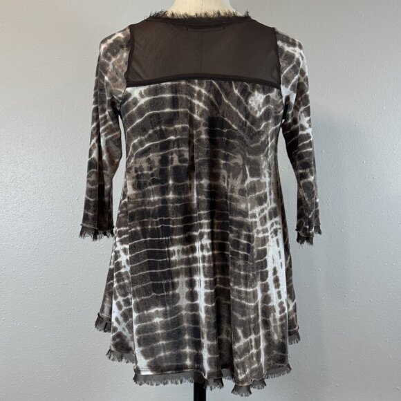Coin 1804 Womens Brown Tie Dye 3/4 Sleeve Blouse Fringe Trim Sheer Panel Size S - Picture 2 of 14